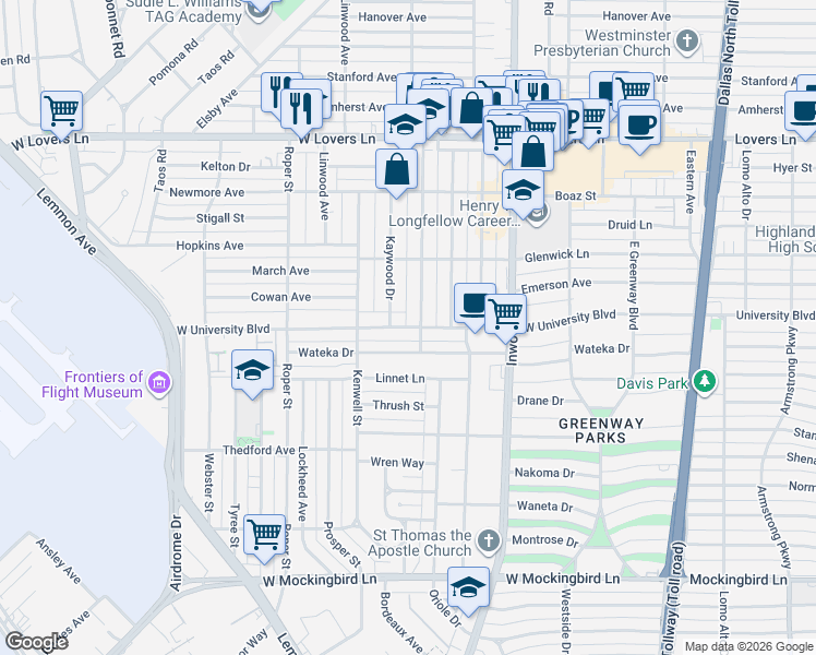 map of restaurants, bars, coffee shops, grocery stores, and more near 5042 West University Boulevard in Dallas