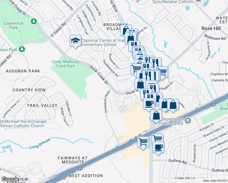 map of restaurants, bars, coffee shops, grocery stores, and more near 6209 Duck Creek Drive in Garland