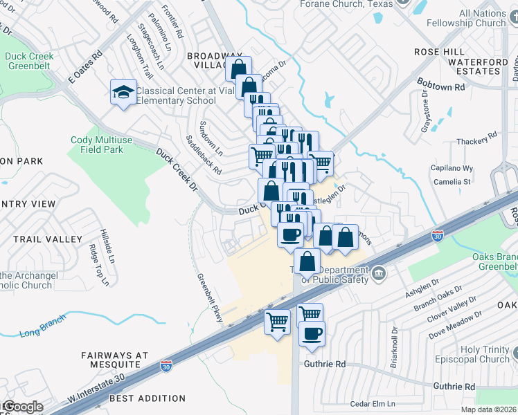 map of restaurants, bars, coffee shops, grocery stores, and more near 6407 Duck Creek Drive in Garland