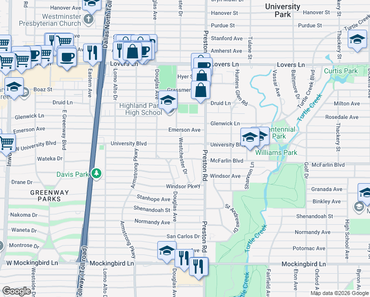 map of restaurants, bars, coffee shops, grocery stores, and more near 4126 University Boulevard in Dallas