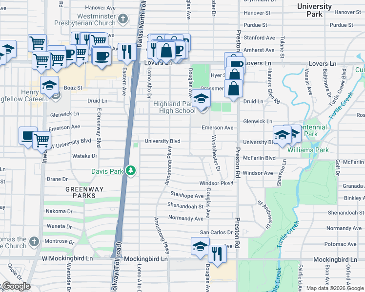 map of restaurants, bars, coffee shops, grocery stores, and more near 4246 University Boulevard in Dallas