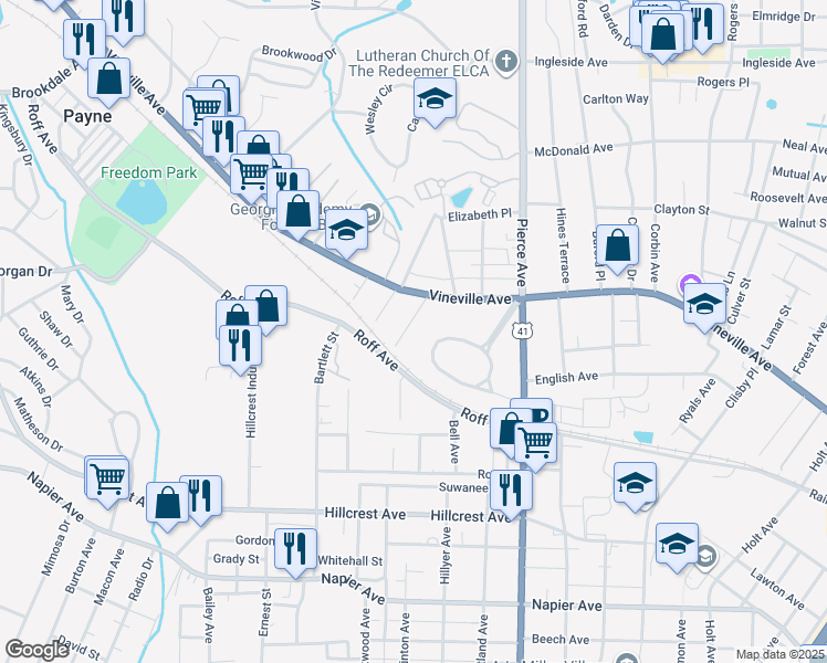 map of restaurants, bars, coffee shops, grocery stores, and more near 141 Florida Avenue in Macon