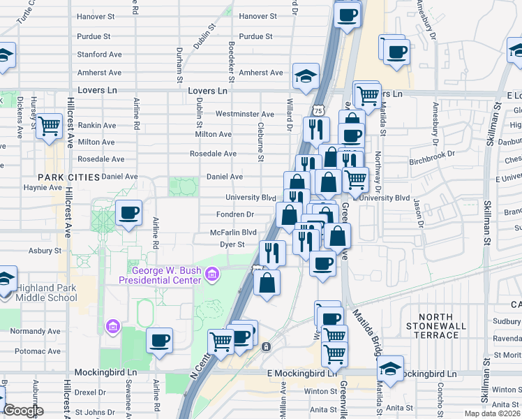 map of restaurants, bars, coffee shops, grocery stores, and more near 2833 University Boulevard in Dallas