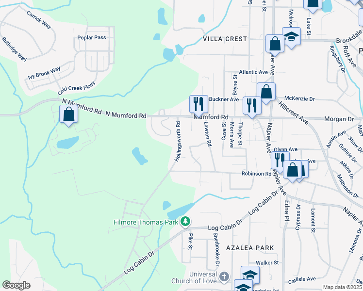 map of restaurants, bars, coffee shops, grocery stores, and more near 3497 Hollingsworth Road in Macon