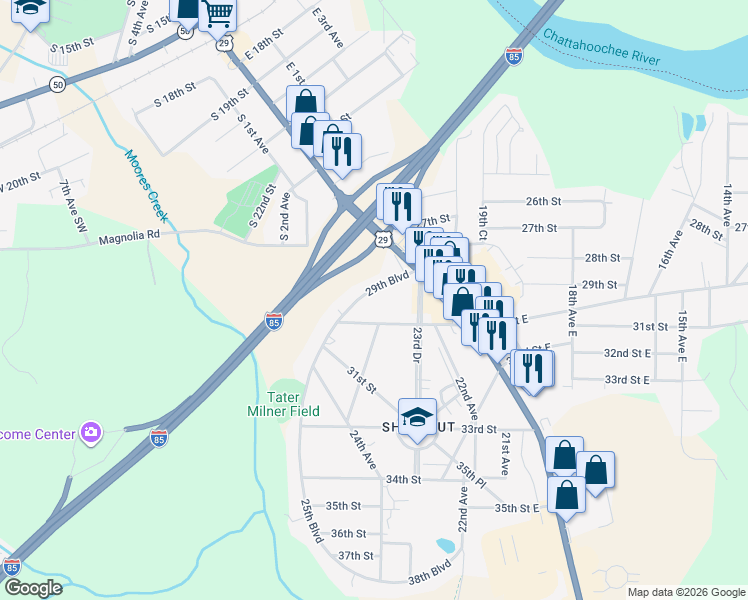 map of restaurants, bars, coffee shops, grocery stores, and more near 2011 29th Boulevard in Valley
