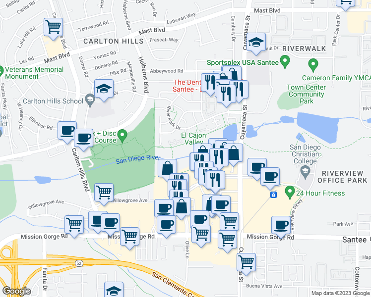 map of restaurants, bars, coffee shops, grocery stores, and more near Mission Gorge Road in Santee