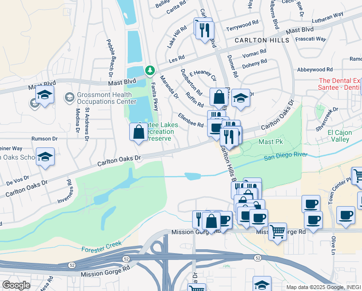 map of restaurants, bars, coffee shops, grocery stores, and more near 9316 Woodruff Way in Santee