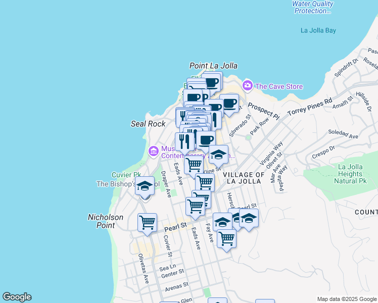map of restaurants, bars, coffee shops, grocery stores, and more near 7816 Girard Avenue in San Diego