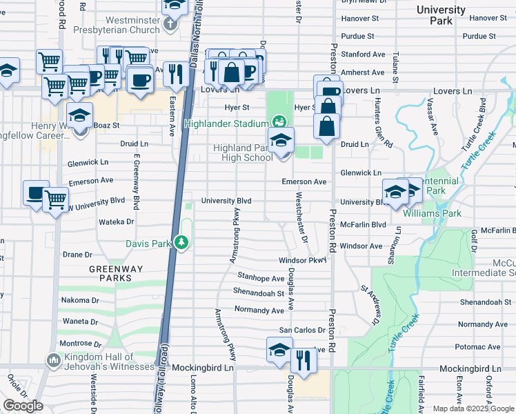 map of restaurants, bars, coffee shops, grocery stores, and more near 4246 University Boulevard in Dallas