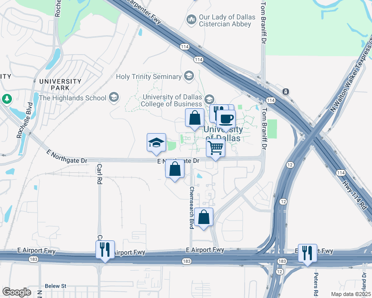 map of restaurants, bars, coffee shops, grocery stores, and more near 2929 Soledad Drive in Irving