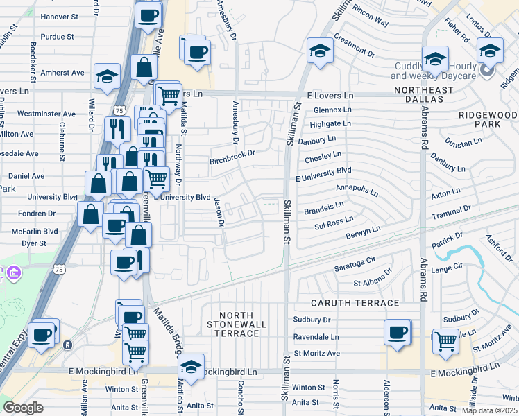 map of restaurants, bars, coffee shops, grocery stores, and more near 4763 Amesbury Drive in Dallas