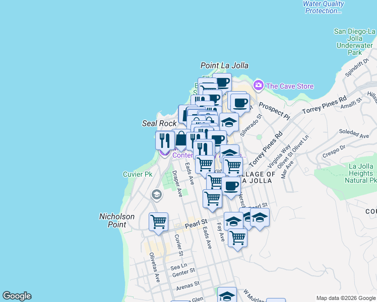 map of restaurants, bars, coffee shops, grocery stores, and more near 7811 Eads Avenue in San Diego
