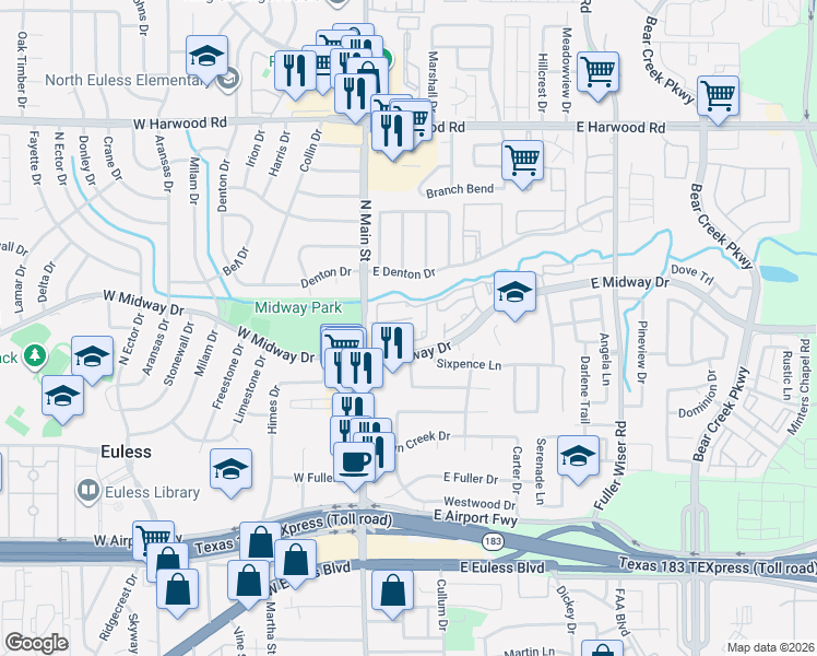 map of restaurants, bars, coffee shops, grocery stores, and more near 201 Arbor Park Drive in Euless