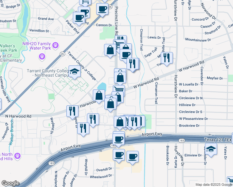 map of restaurants, bars, coffee shops, grocery stores, and more near Precinct Line Rd & W Harwood Rd in Hurst