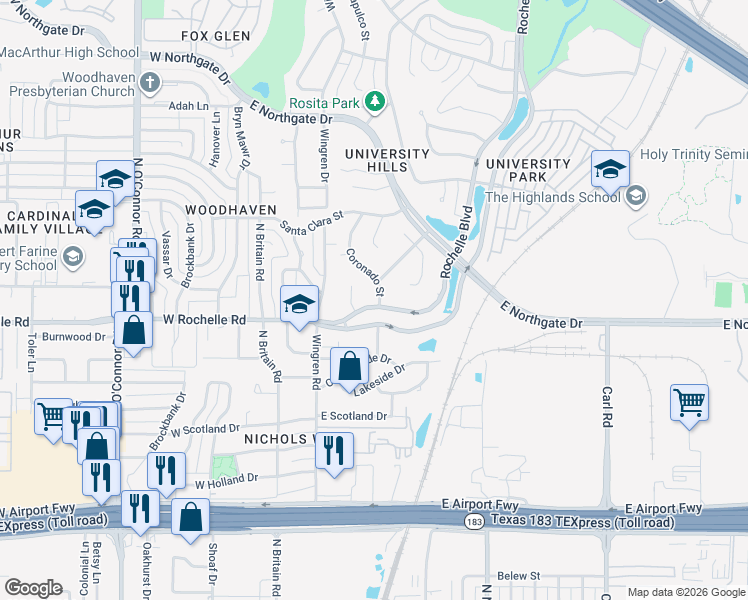 map of restaurants, bars, coffee shops, grocery stores, and more near 309 Rochelle Boulevard in Irving