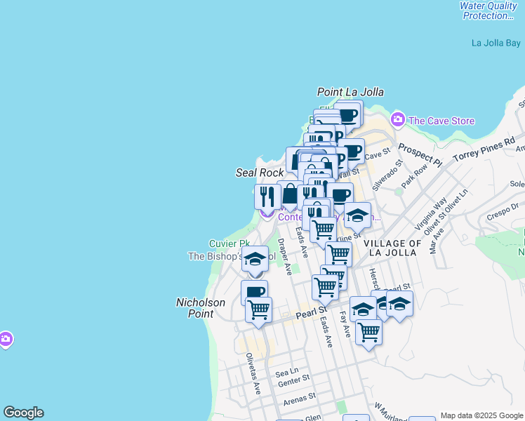 map of restaurants, bars, coffee shops, grocery stores, and more near Coast Boulevard in San Diego County