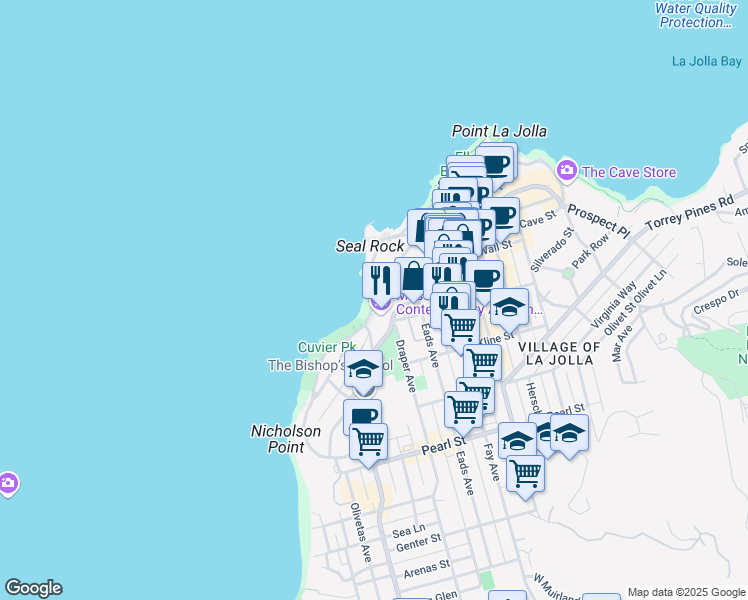 map of restaurants, bars, coffee shops, grocery stores, and more near Coast Boulevard in San Diego