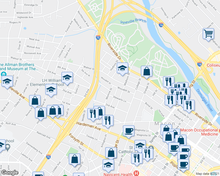 map of restaurants, bars, coffee shops, grocery stores, and more near 249 Monroe Street in Macon