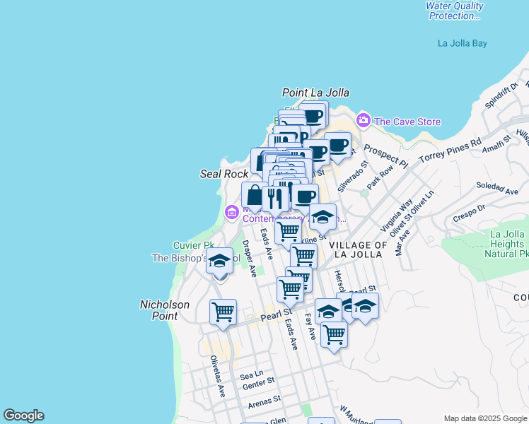 map of restaurants, bars, coffee shops, grocery stores, and more near 7830 Fay Avenue in San Diego