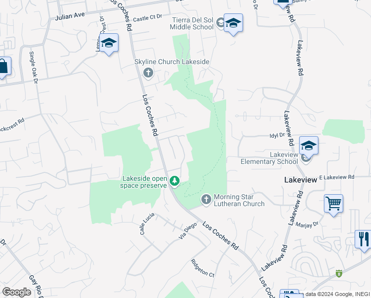 map of restaurants, bars, coffee shops, grocery stores, and more near 9243 Sinsonte Lane in Lakeside