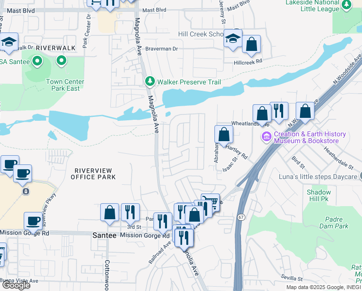 map of restaurants, bars, coffee shops, grocery stores, and more near 9255 North Magnolia Avenue in Santee