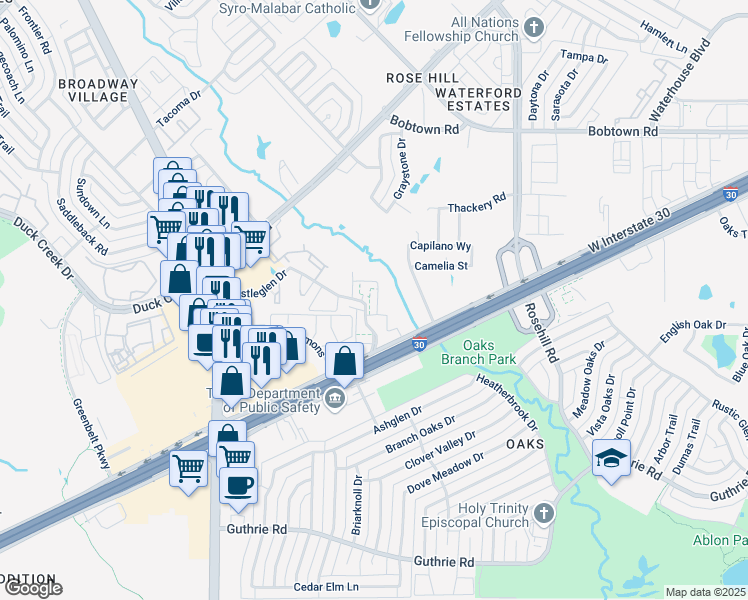 map of restaurants, bars, coffee shops, grocery stores, and more near 941 Castleglen Drive in Garland