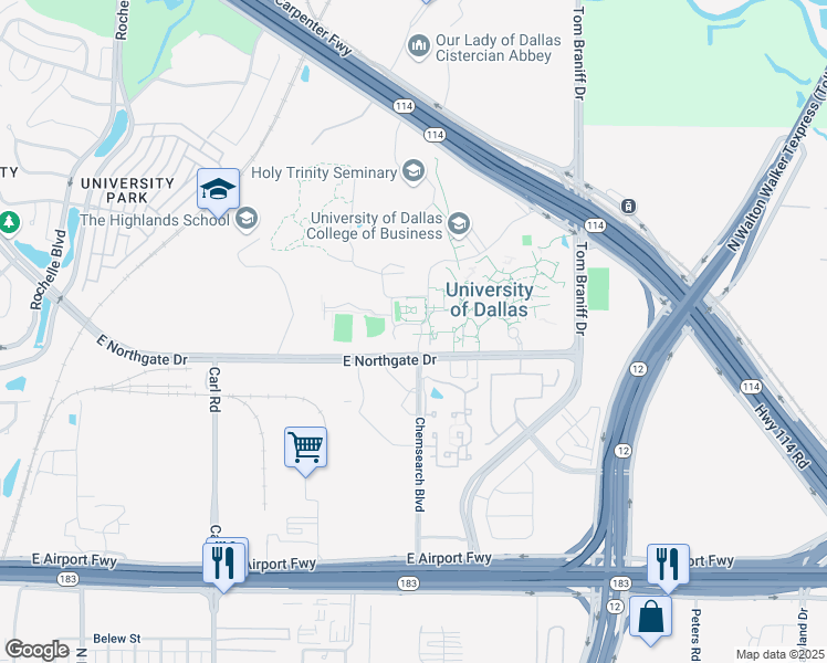 map of restaurants, bars, coffee shops, grocery stores, and more near 2929 Soledad Drive in Irving