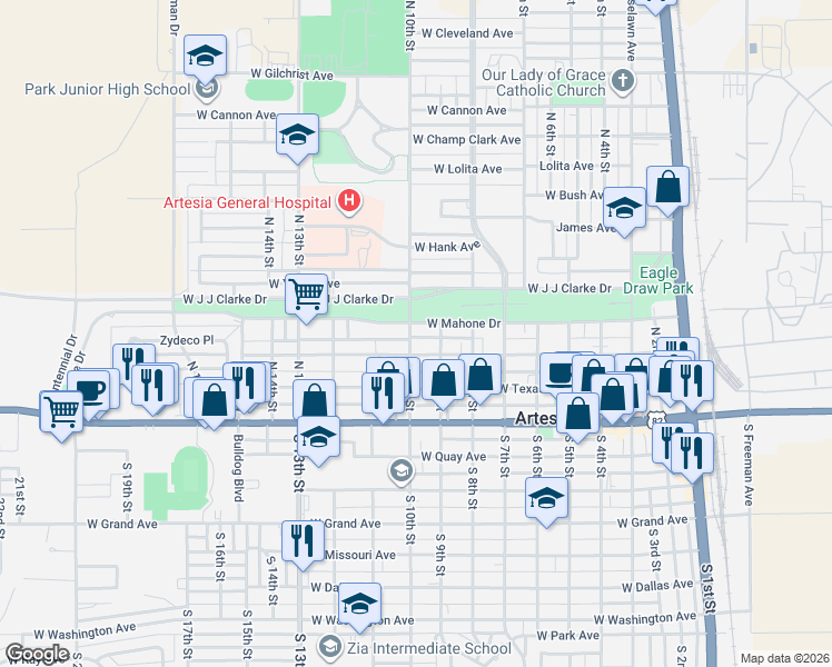map of restaurants, bars, coffee shops, grocery stores, and more near 901 West Mahone Drive in Artesia