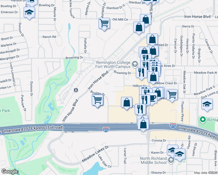 map of restaurants, bars, coffee shops, grocery stores, and more near 6424 Iron Horse Boulevard in North Richland Hills