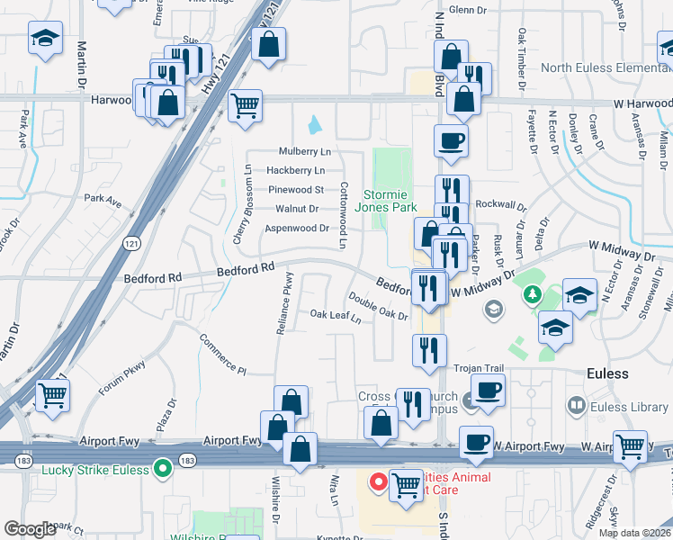 map of restaurants, bars, coffee shops, grocery stores, and more near 2249 Cottonwood Lane in Bedford