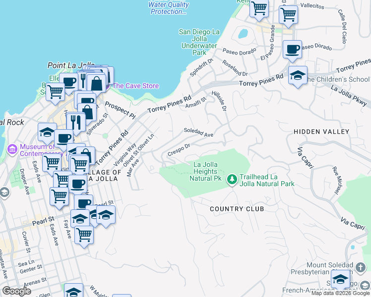 map of restaurants, bars, coffee shops, grocery stores, and more near 1641 Crespo Drive in San Diego