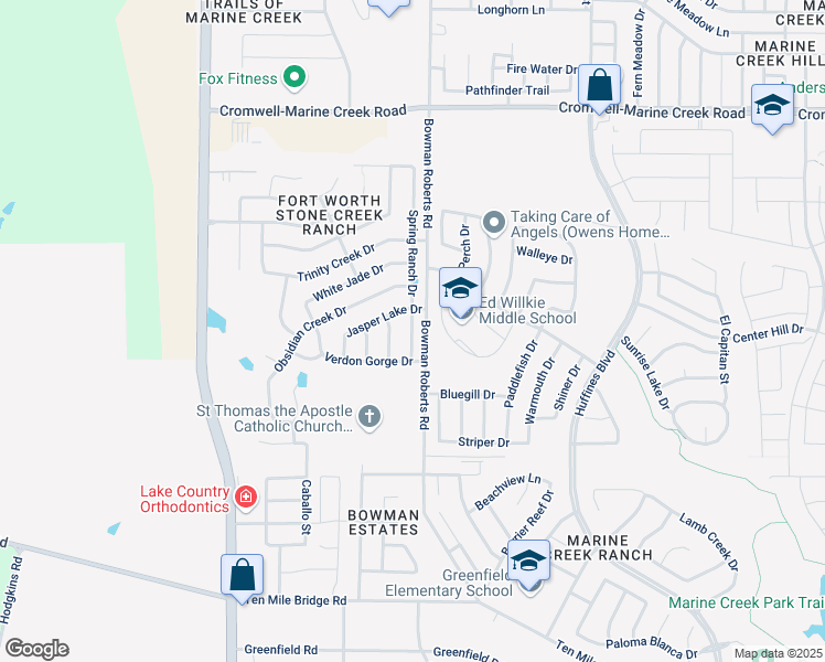 map of restaurants, bars, coffee shops, grocery stores, and more near 6036 Amber Cliff Lane in Fort Worth