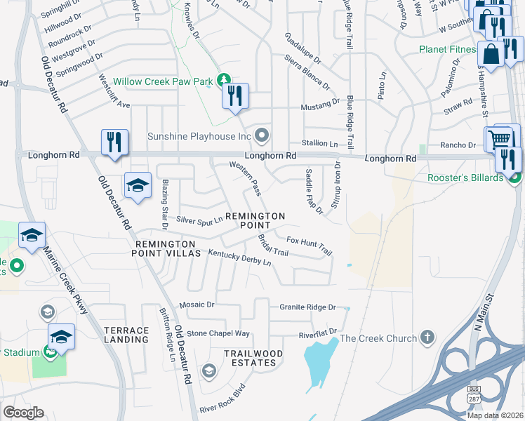 map of restaurants, bars, coffee shops, grocery stores, and more near 6005 Western Pass in Fort Worth