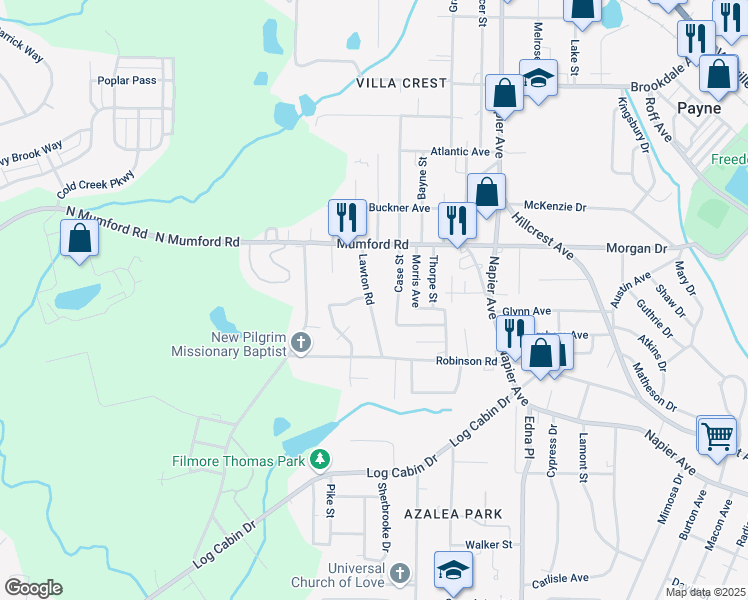 map of restaurants, bars, coffee shops, grocery stores, and more near 3520 Lawton Road in Macon