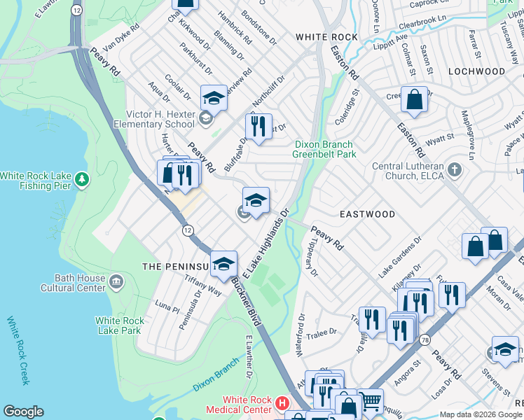 map of restaurants, bars, coffee shops, grocery stores, and more near 861 Peavy Road in Dallas