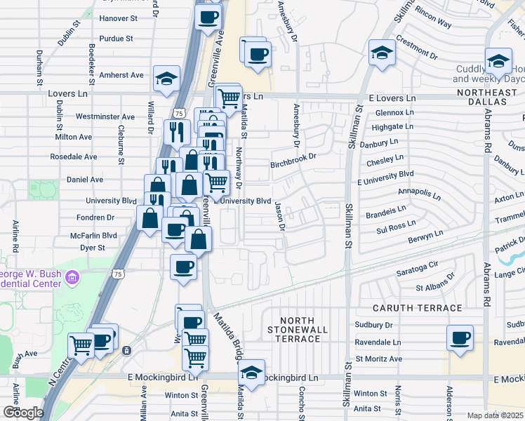 map of restaurants, bars, coffee shops, grocery stores, and more near 5818 East University Boulevard in Dallas