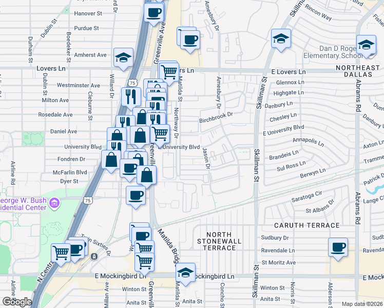map of restaurants, bars, coffee shops, grocery stores, and more near 5818 East University Boulevard in Dallas