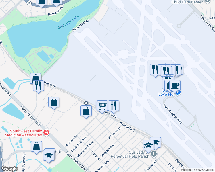 map of restaurants, bars, coffee shops, grocery stores, and more near 2702 Love Field Dr in Dallas