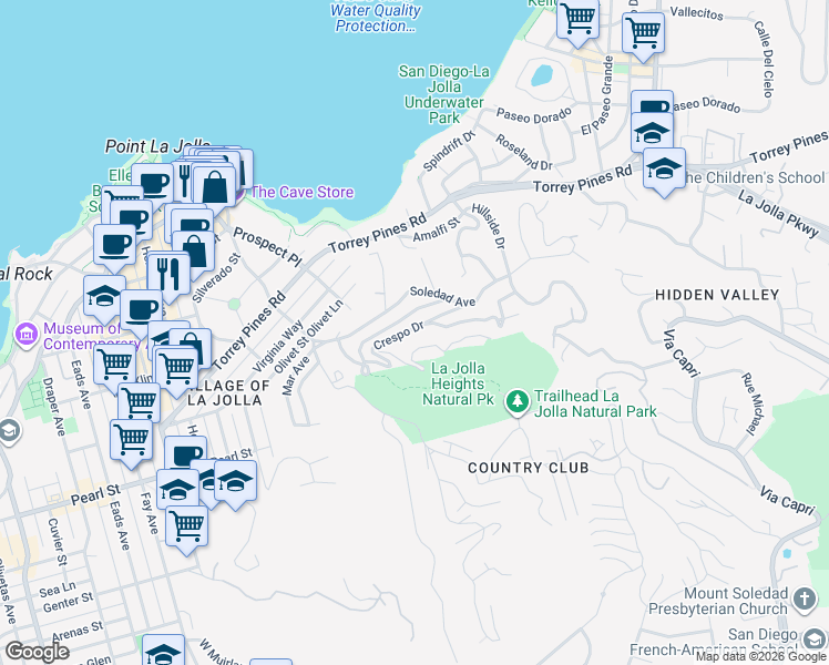 map of restaurants, bars, coffee shops, grocery stores, and more near 1641 Crespo Drive in San Diego