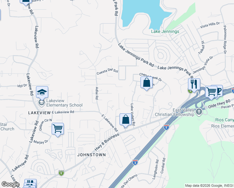 map of restaurants, bars, coffee shops, grocery stores, and more near 9271 Dulene Drive in Lakeside
