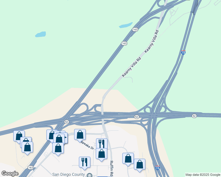 map of restaurants, bars, coffee shops, grocery stores, and more near Kearny Villa Road in San Diego