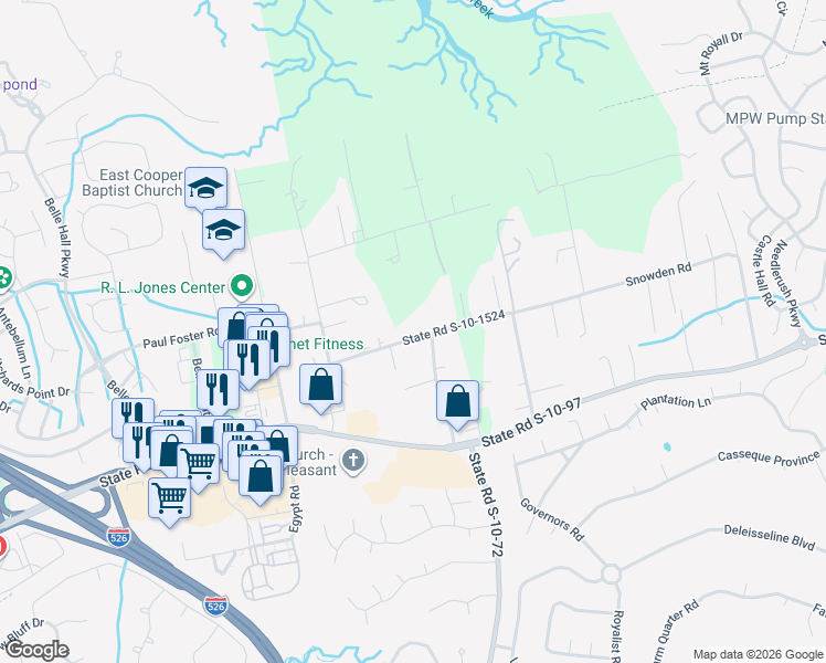 map of restaurants, bars, coffee shops, grocery stores, and more near 1604 Snowden Road in Mount Pleasant