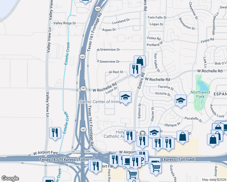 map of restaurants, bars, coffee shops, grocery stores, and more near 4604 Luxor Drive in Irving