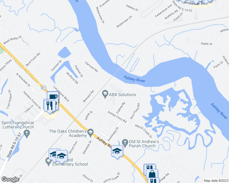 map of restaurants, bars, coffee shops, grocery stores, and more near 2347 Tall Sail Drive in Charleston