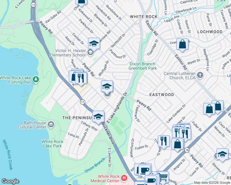 map of restaurants, bars, coffee shops, grocery stores, and more near 861 Peavy Road in Dallas