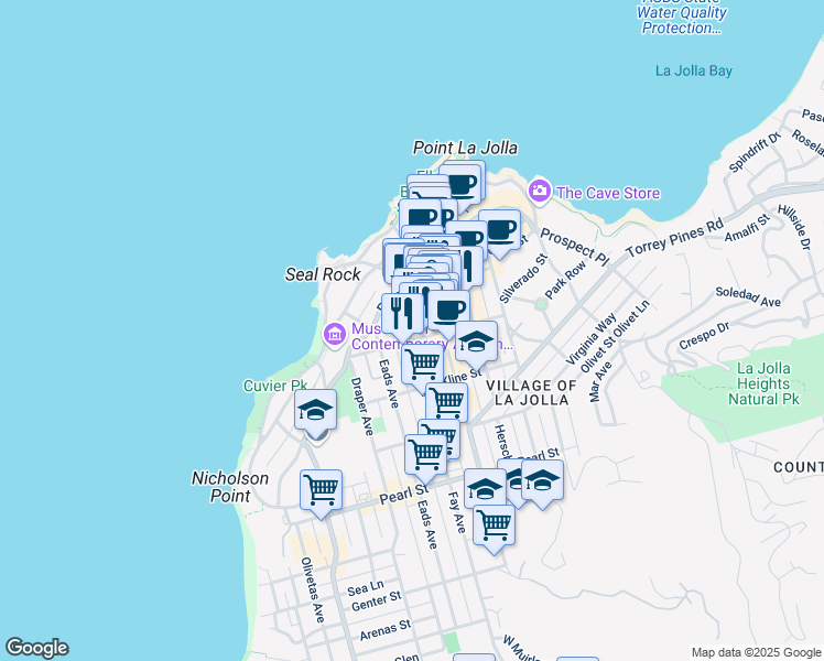 map of restaurants, bars, coffee shops, grocery stores, and more near 7816 Girard Avenue in San Diego