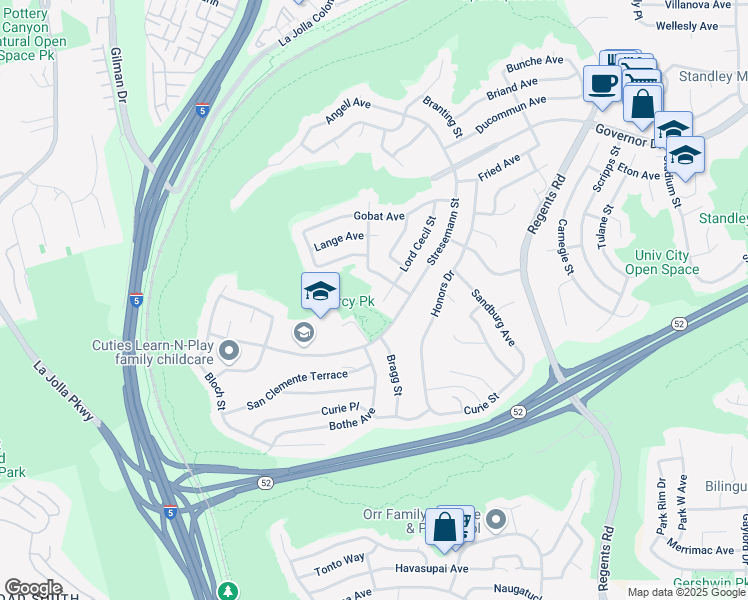 map of restaurants, bars, coffee shops, grocery stores, and more near 5620 Lord Cecil Street in San Diego