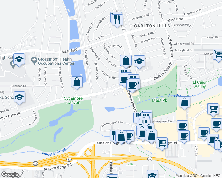 map of restaurants, bars, coffee shops, grocery stores, and more near 9224 Carlton Oaks Drive in Santee