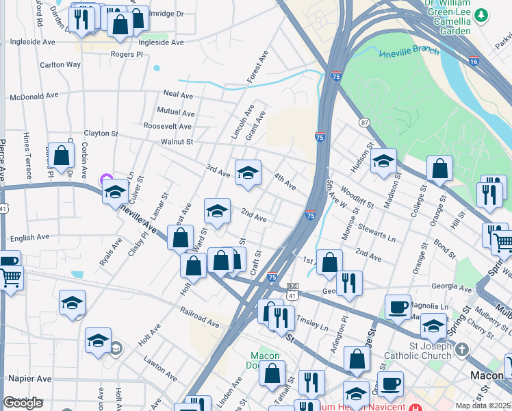 map of restaurants, bars, coffee shops, grocery stores, and more near 325 Pursley Street in Macon