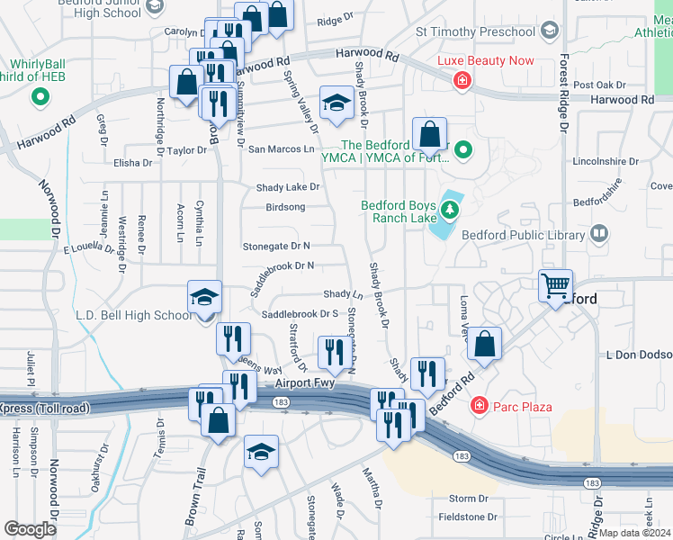 map of restaurants, bars, coffee shops, grocery stores, and more near 860 Saddlebrook Drive North in Bedford